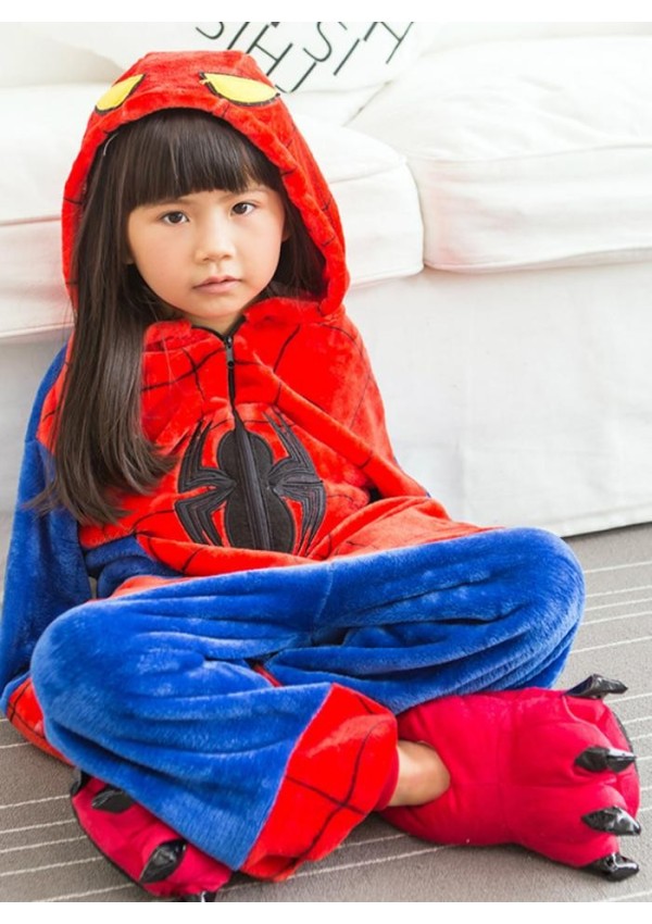 Red spiderman fleece pajamas jumpsuit sleepwear for children
